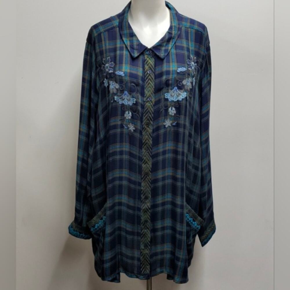 Woman Within Flannel Plaid Embroidered Buttoned Down Tunic Shirt Women's 4X